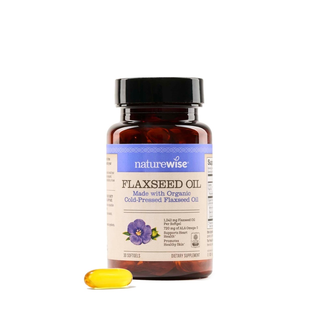 NatureWise Linsēklu eļļa 1200 mg, bez zivīm Omega 3 6 9 ar 720 mg ALA, uztura papildinājums sirds veselības atbalstam - Organiska, Auksti presēta, ne-GMO - 30 Softgels[1-Mēness Supply]