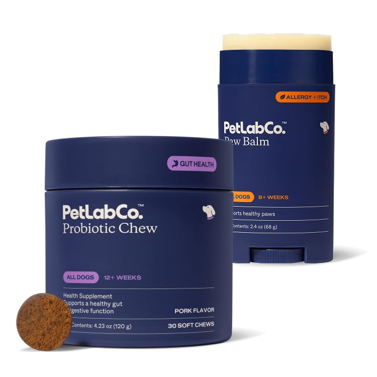 PetLab Co. Paw & Probiotic Bandle: Suņu Paw Balm, lai atbalstītu Sausu, krekinga ķepas 2.4 Ounces & Dog Probiotikas Gut Veselība, Sezonas alerģiju, Ādas & Ausu rauga 30 Count