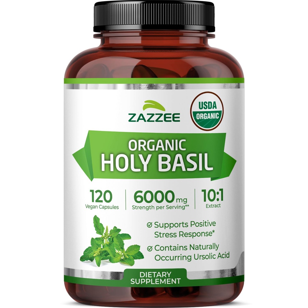 Zazzee USDA Organic Holy Basil 10:1 Extract, 120 Vegan Capsules, 4 Month Supply, Tulsi Extract, Ursolic Acid, Ocimum Tenuiflorum, Antioxidant & Stress Support, All-Natural, Non-GMO, Made in the USA