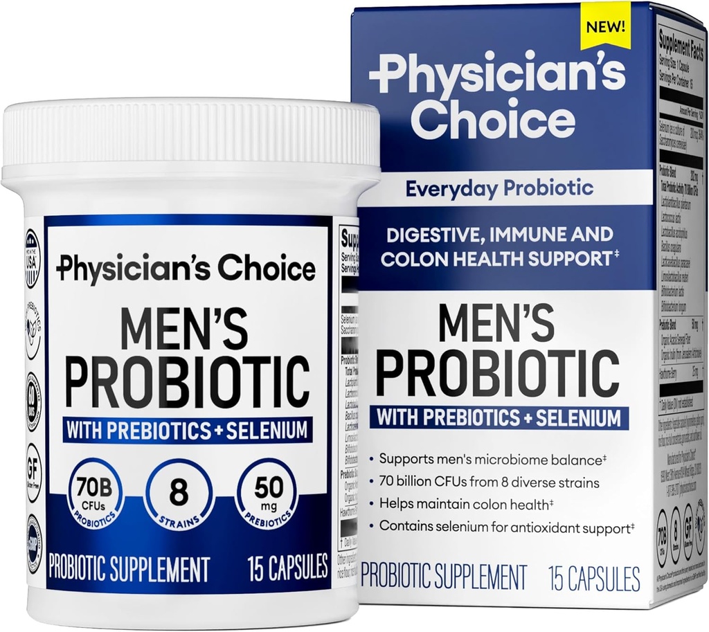 Ārsta izvēle Probiotikas vīriešiem - 70 miljardi CFU - 8 Celmi - Selēns & Prebiotikas - Atbalsta Gremošanas veselība, Mikrobiomi, Colon, & Imūnās veselības - Advanced Men's Probiotic - 15ct paraugs Izmērs