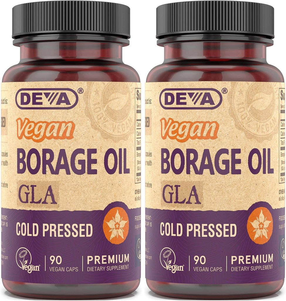 DEVA Vegan Vitamīni, Borage Oil 500mg, Omega-6 Taukskābes GLA avots (Gamma linolēnskābe), Auksti presētas un nerafinētas 90 tabletes (2. iepakojums)