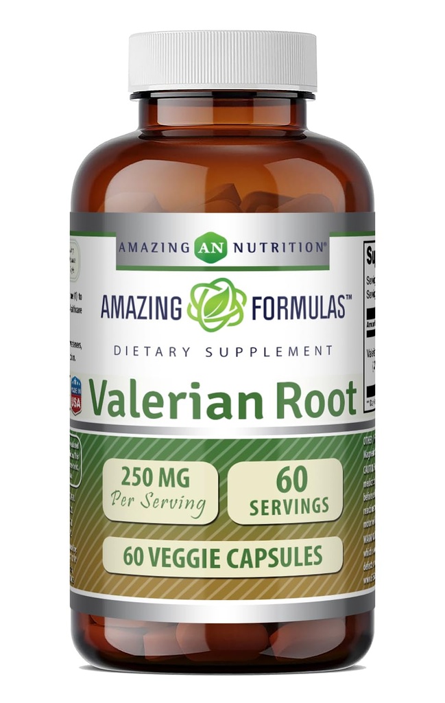 Amazing Formulas Valerian Root 4:1 Ekstrakcijas papildinājums - 250 Mg - 1000 Mg Ekvivalents - 60 Veggie Capsules - Non-GMO --Bez glutēna