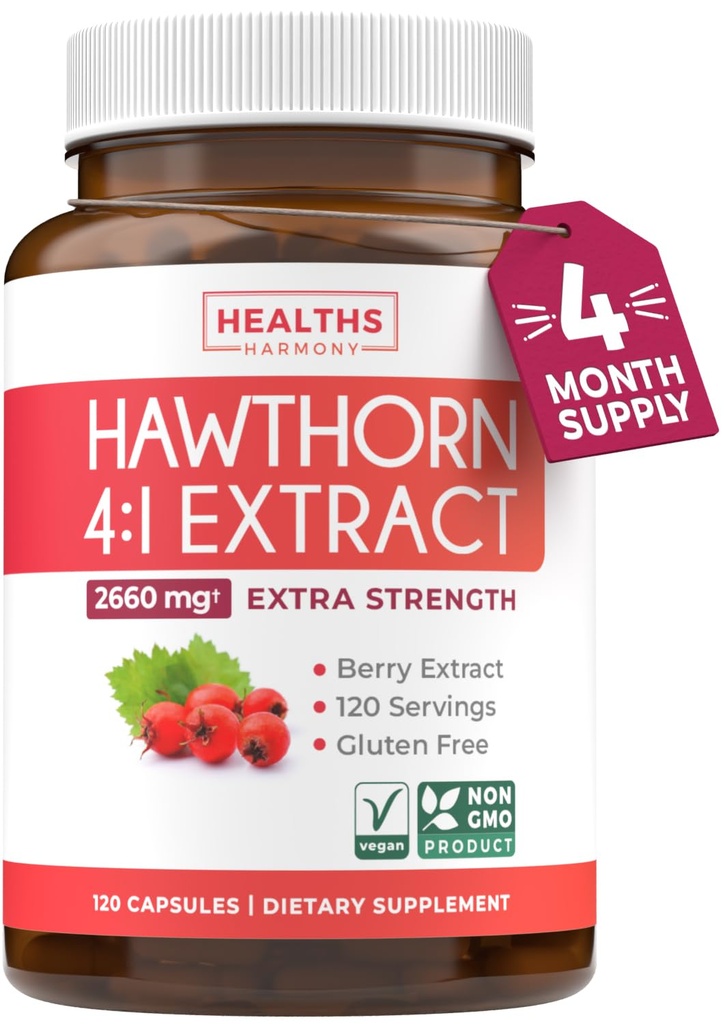 Super spēcīgs Hawthorn Berry ekstrakts Kapsulas - Hawthorn Berry papildinājums izgatavots no Extra Strength Koncentrāts, lai atbalstītu sirds un gremošanas veselību - Vegan Non-GMO & Gluten bezmaksas (4 mēnešu piegādes)