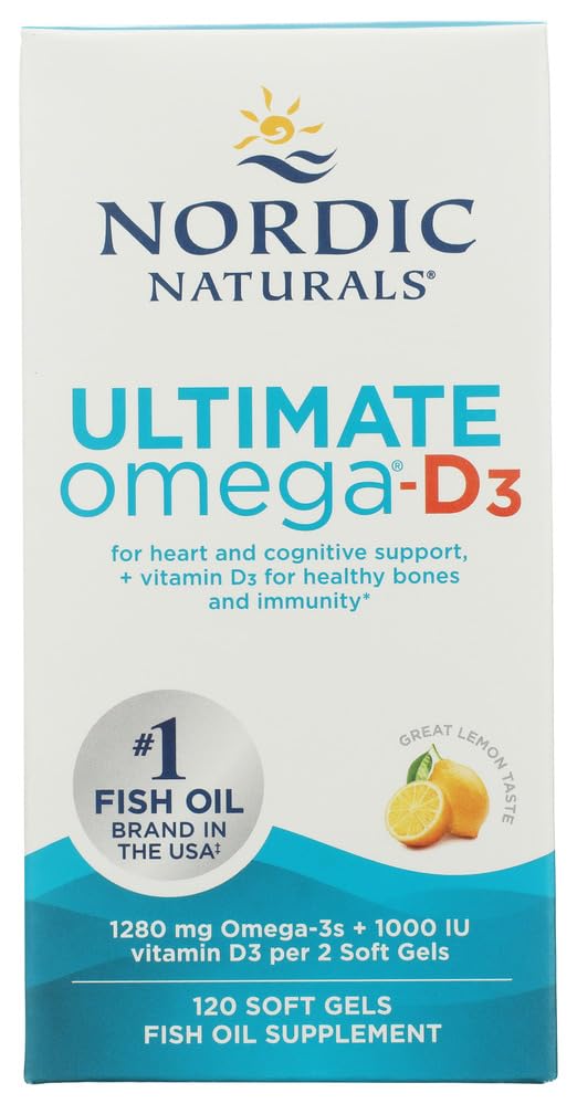 Nordic Naturals Ultimate Omega-D3, Lemon Flavor - 120 Soft Gels - 1280 mg Omega-3 + 1000 SV D3 vitamīns - EPA & DHA - veicina smadzeņu, sirds, un imūnās veselības - 60 Servējumi