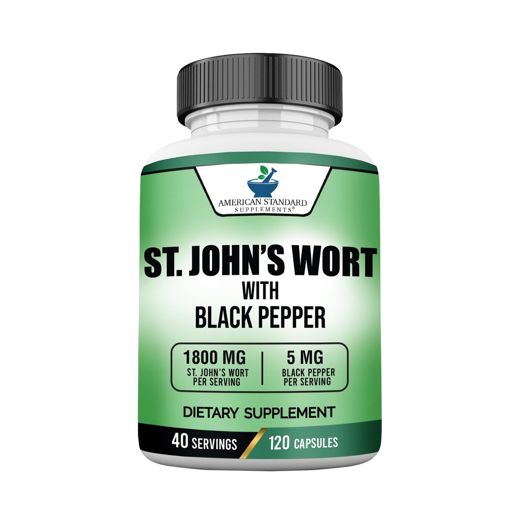 Amerikas standarta papildinājumi St. John’s Wort 1800mg Per apkalpo ar melno piparu augļu ekstrakts - Vegan, bez lipekļa, ne-GMO, 120 kapsulas, 40 Kalpo
