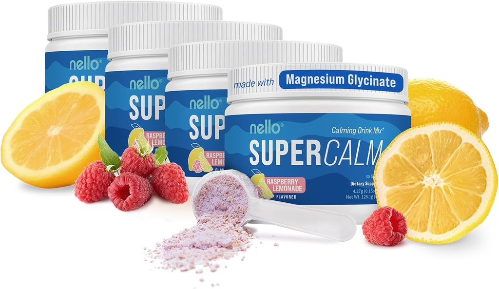 Nelo Supercalm dzēriens Mix - Ashwagandha KSM 66, magnija glicināts, L-teanīns, D3 vitamīns - Ashwagandha Saknes ekstrakts, magnija un L-teanīna papildinājums - 30 Kalpojumi - 4 Pack