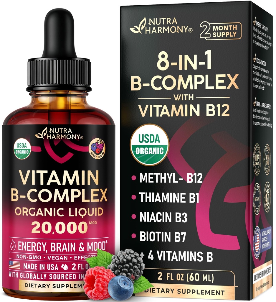 USDA Organiskais vitamīns B-komplekss B5 Pantotēnskābe B12 Metilkobalamīns B1 Tiamīns B6 Piridoksīns B7 Biotīns B9 Folikas B3 Niacinamīds - B Complex Liquid Drops, Ražots ASV Papildinājums, 2fl oz