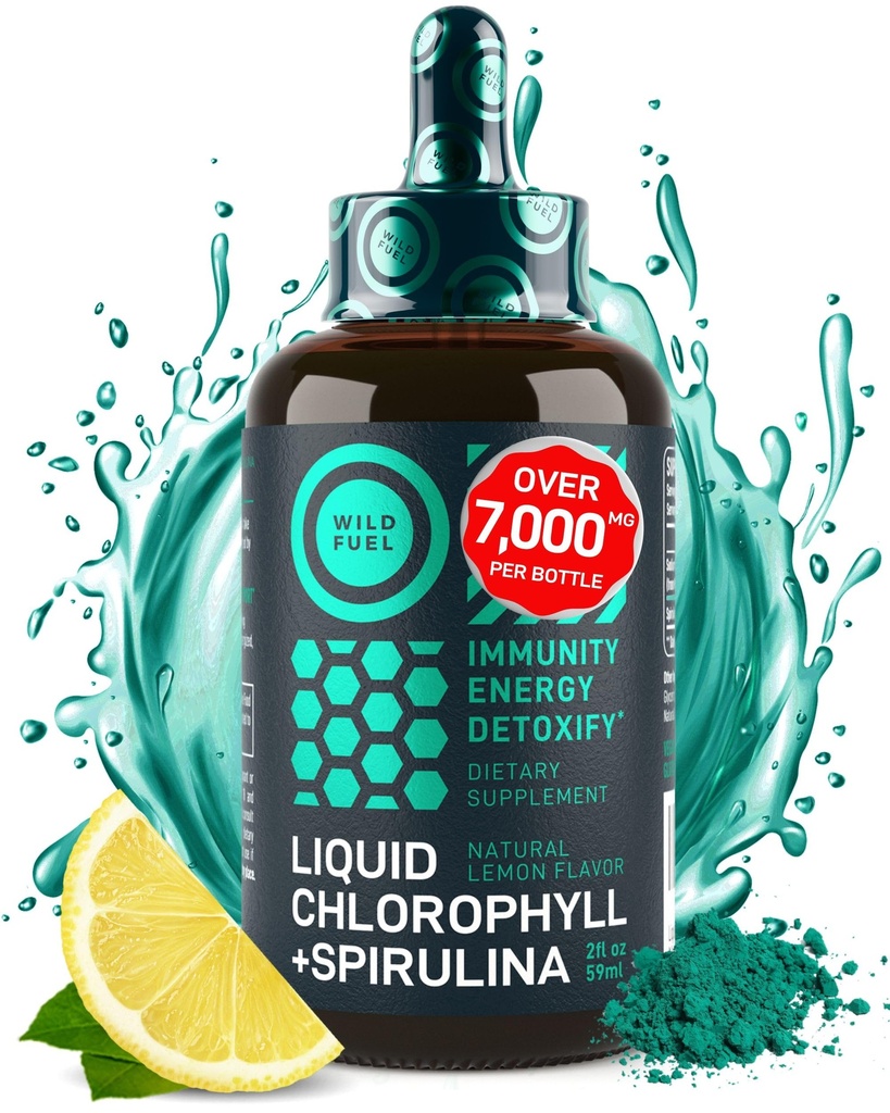 Šķidrie hlorofila pilieni ar spirulīnu ūdenim - pilna stipruma enerģija, labsajūta, imūnā atbalsta papildinājums - 50 mg hlorofila šķidruma, 12,5 mg Spirulīna - citrona Flavor Detox dzēriens - 2oz, 118 Servējumi