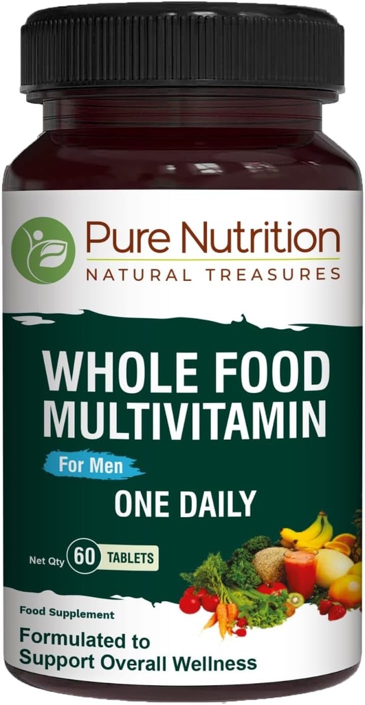Pure Nutrition Vesela pārtika Multivitamīni vīriešiem -- 60 Tabs - One-A-Diena --100 % RDA - 24 Dabiskie vitamīni un minerālvielas - - All Natural Plant Based Men's Multivitamine -2 Months Supply