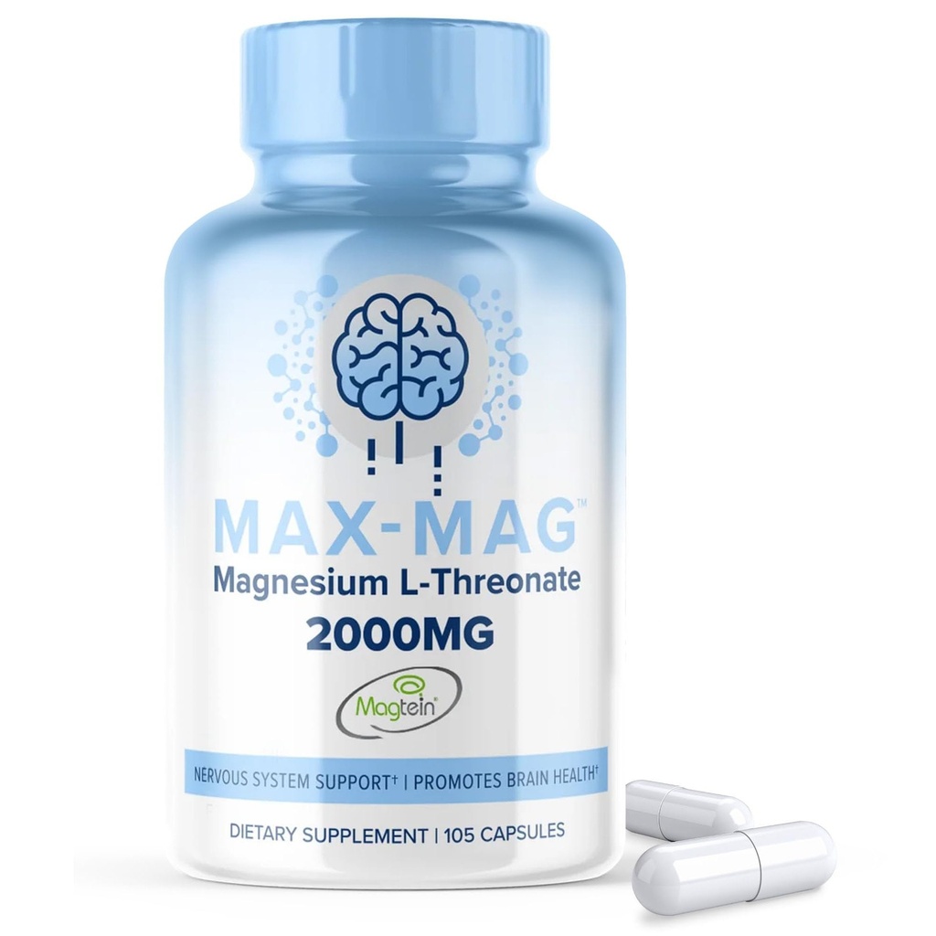 Max-Mag Magnija L-Treonate Papildinājums - 105 Kapsulas Ražots ASV- Magtein 2000mg Komplekss ar vitamīnu D3 un K2 Miega, koka un smadzeņu Magnija L Threonate Kapsulas Uzturs pēc MaxLife Naturals