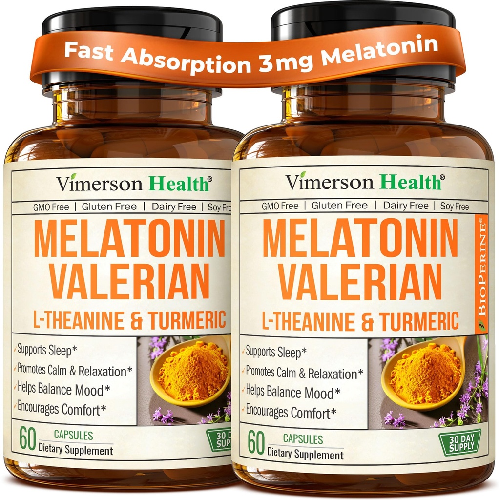 Melatonīns Miega līdzeklis ar L Theanine & Valerian Saknes – Turmeric Papildinājums – Turmeric Curcumin ar ingvera un melnā piparu – L-Teanine & Melatonin 3mg Miega, Calm un Stress Relief – 2 Pack