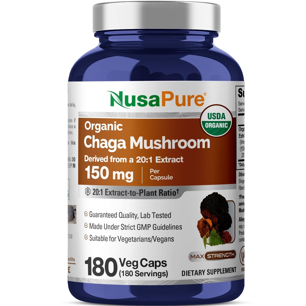 NesaPure Chaga Mushroom 20:1 ekstrakts, 150 mg Ekvivalents 3000 mg uz Veggie Capsule, 180 Count, USDA Organic, Vegan, Non-GMO