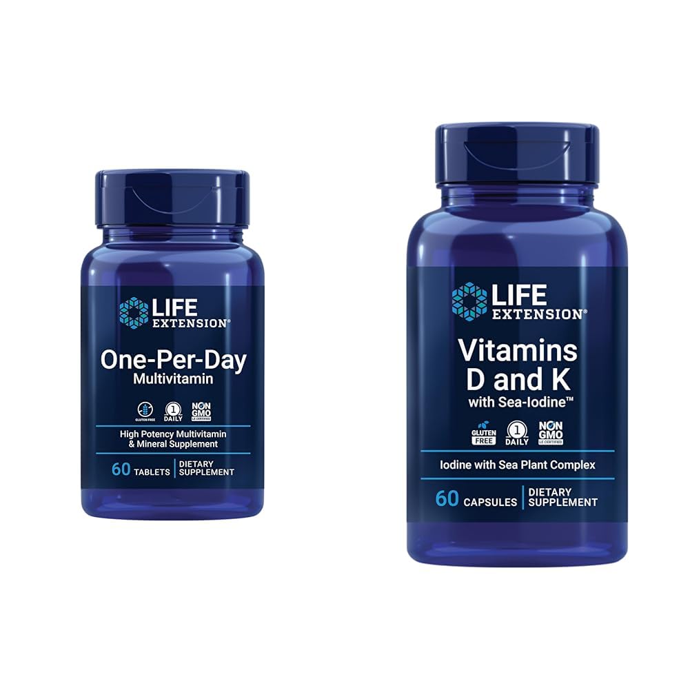 Life Extension One-Per-Day Multivitamīnu – iepakots ar vairāk nekā 25 vitamīniem, minerālvielām un augu ekstraktiem un D un K vitamīniem ar jūras jodu, D3 vitamīnu, K1 un K2 vitamīnu, jodu