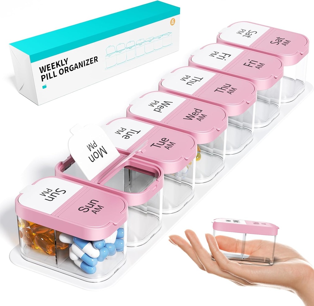 Odaro Extra Large Weekly Pill organizētājs 2 reizes diena, Pill Box 7 diena Am Pm turēt ikdienas zāles Vitamīni un papildinājumi - rozā