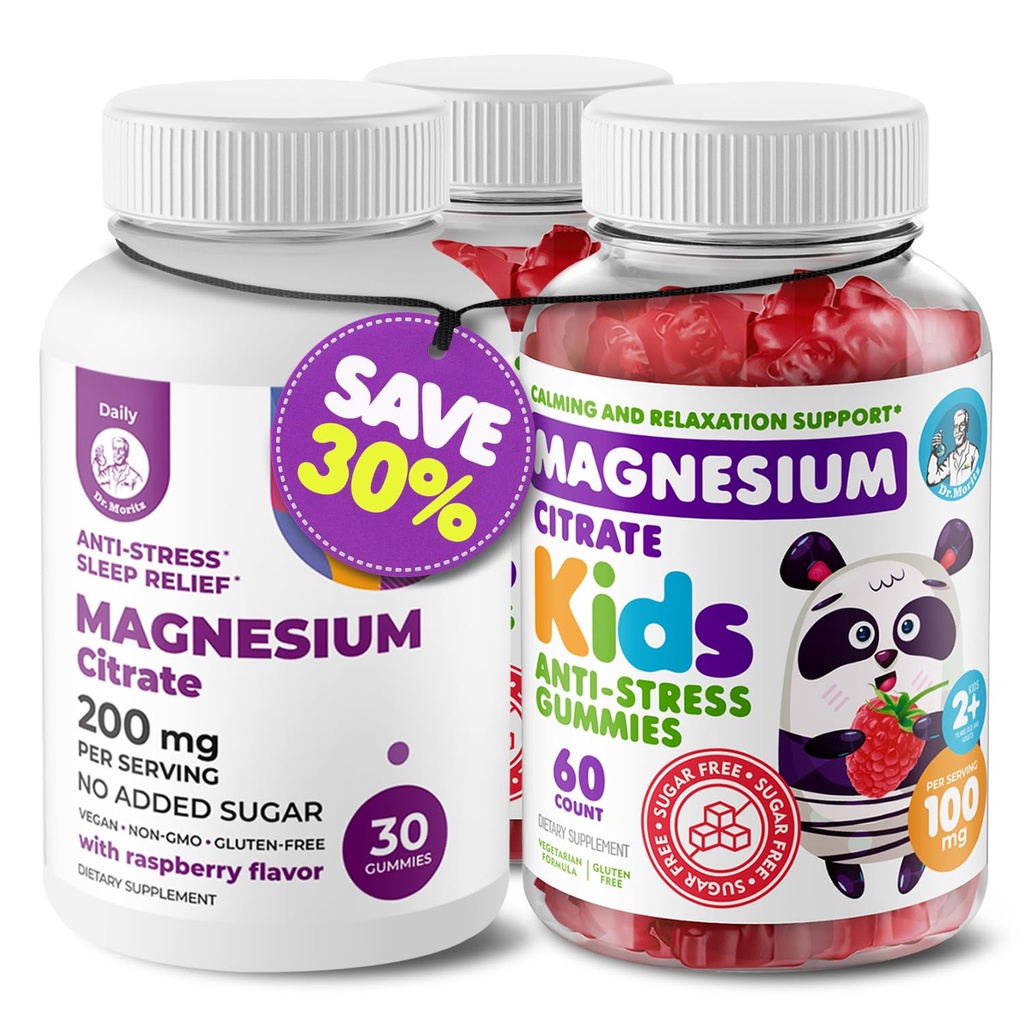 DR. MORITZ Magnija paka - Gumijas pieaugušajiem (200mg, 30 Grāfs) un bērniem Magnija Gumijas (60 Grāfs, 2 Iepakojums) - Bezcukura
