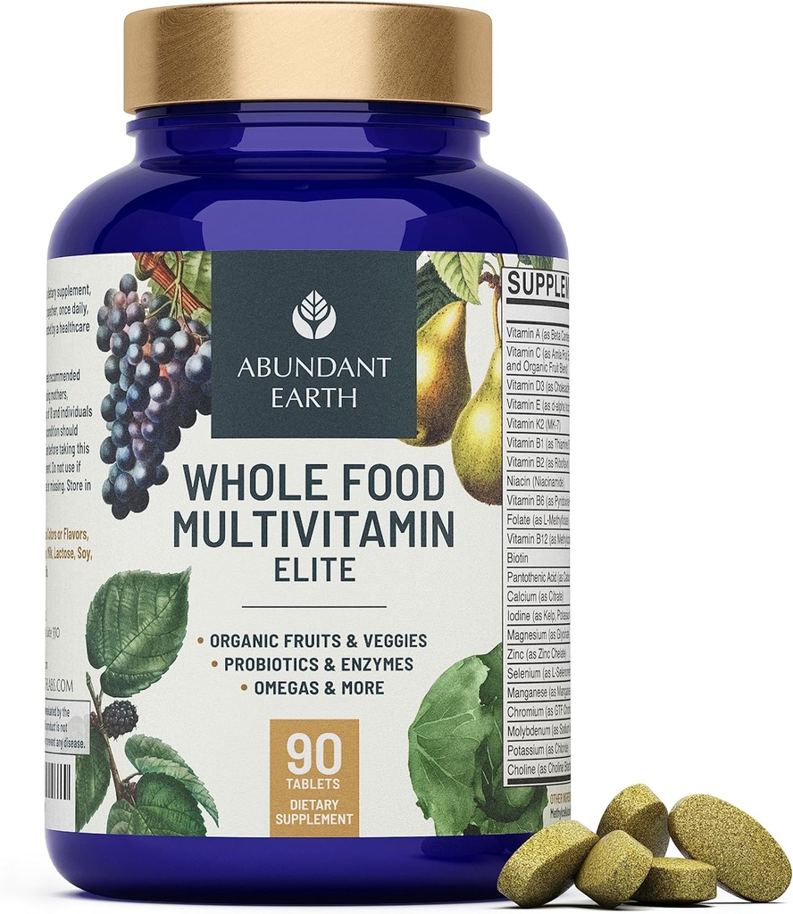 Bagātīgs uz Zemes visa pārtikas multivitamīnu sievietēm Dienas vairāku vitamīnu piedevas vīriešiem Multivitamīnu + B Complex, Probiotikas Multi Enzīmi, Omega organiskās enerģijas Mood Digestion 90ct-4pk
