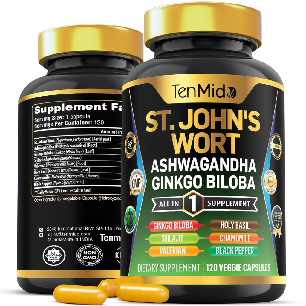 St.John's Wort Papildinājums - 8in1 Formula - Apvienot ar Ashwagandha, Ginkgo Biloba, Shilajit, Valerian, Holy Basil, Chamomile, un Black Pepper - 120 Vegan kapsulas 4 mēnešu piegādes