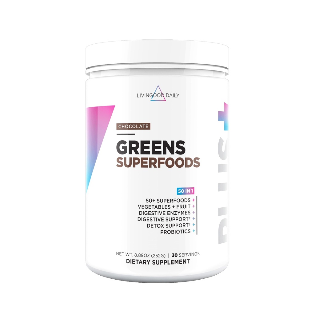 Livingood Daily Greens & Superfood Powder, Super Greens for Gut Health, Green Juice Powder with Spirulina, Chlorella, un Gremošanas fermentu, Probiotikas Gremošanas atbalsts, Šokolāde, 30 Kalpo