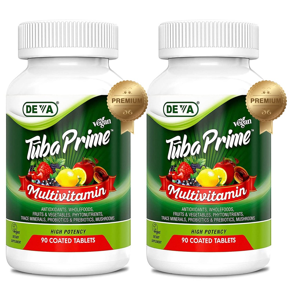 DEVA Tuba Prime Vegan Multivitamīnu High-Potency Vitamīnu un Minerālu Diētiskā Papildinājums Antioksidanti, Augļu un Dārzeņu Blend, Super Sēnes, Probiotikas, Prebiotikas, Sēklas, Garšvielas - 90 Tabs, 2-Pack