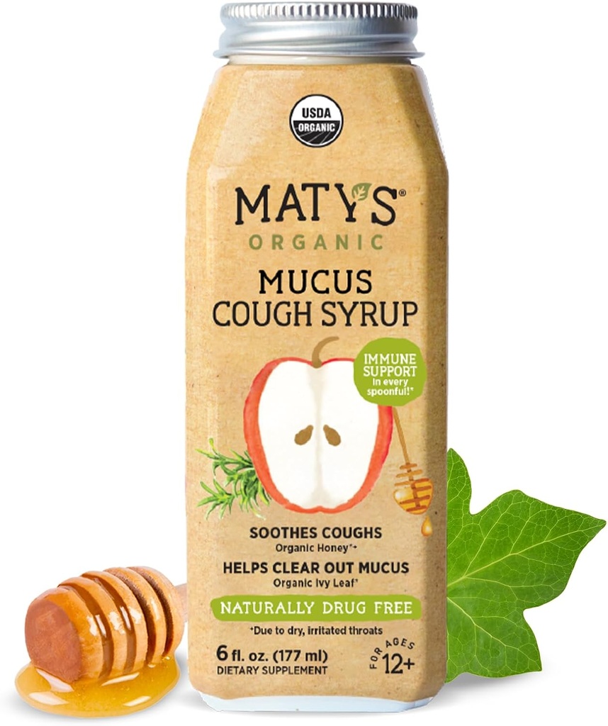 Matys Adult Mucus Klepus Sīrups pieaugušajiem un bērniem 12 gadu vecumā, nomierinošas atvieglojumu efejas ar organiskām sastāvdaļām un cinku, 6 Fl Oz