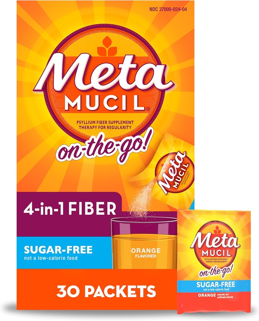 Metamucil on-The-Go, Psyllium Husk Fiber papildinājums, 4-in-1 Fiber gremošanas veselībai, bez cukura, apelsīnu Flavor, 30 Skaits x 2 Packs (60 Skaits Kopā)