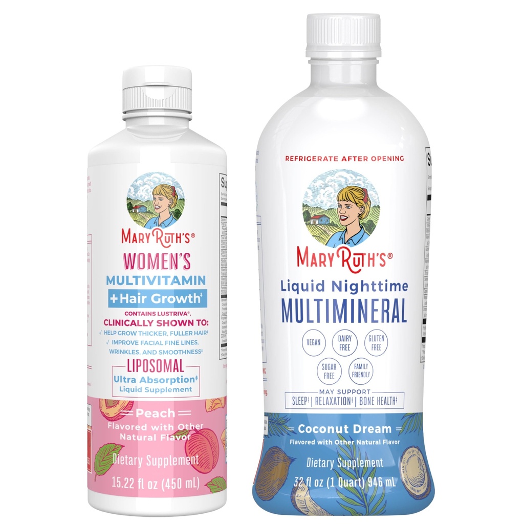 MaryRuth's Women's Multivitamīnu + Matu augšana Liposomālā (Peach) & Šķidrā Nakts Multiminerals (Coconut, 15oz) 