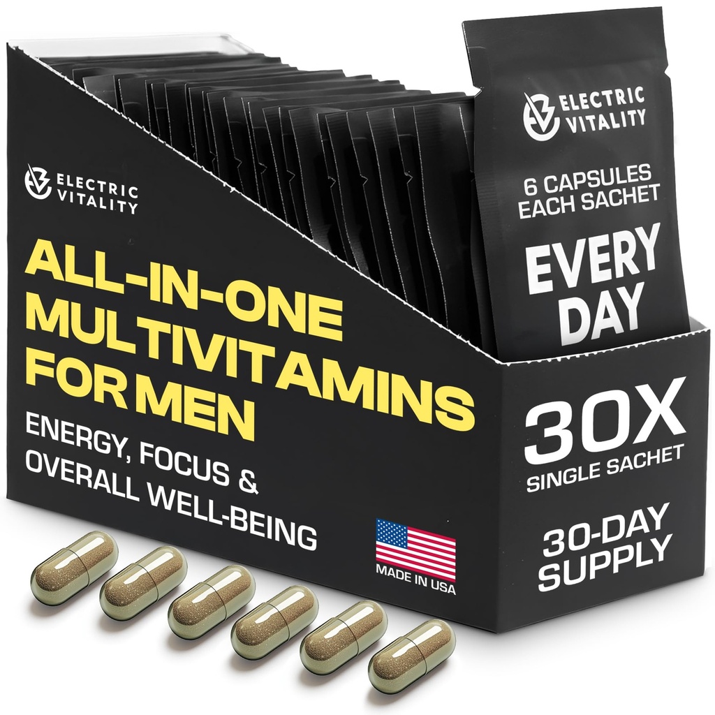 Multivitamīni vīriešiem - visi vienā iepakojumā enerģijai un fokusam, Vīrieši Vitamīni garīgai darbībai un veselībai, iepakoti ar Tongkat Ali, Shilijit, vitamīns C, B3, B1, A, B12, 30 Pk