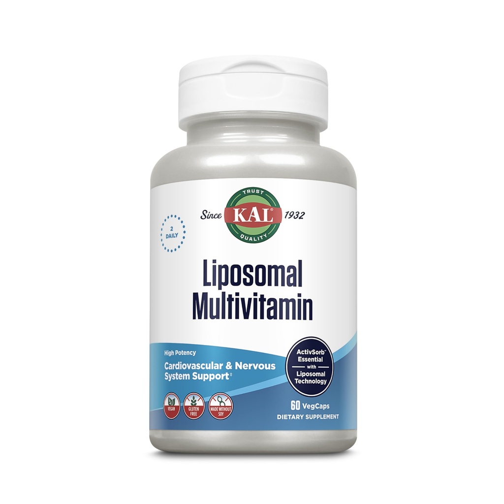 KAL Liposomālie multivitamīni - C, D-3 vitamīns ar augstu potenci Liposomālie vitamīni - Vīrieši un sievietes Multivitamīni sirds un asinsvadu un nervu sistēmu atbalstam - 30 Servējumi, 60 VegCaps