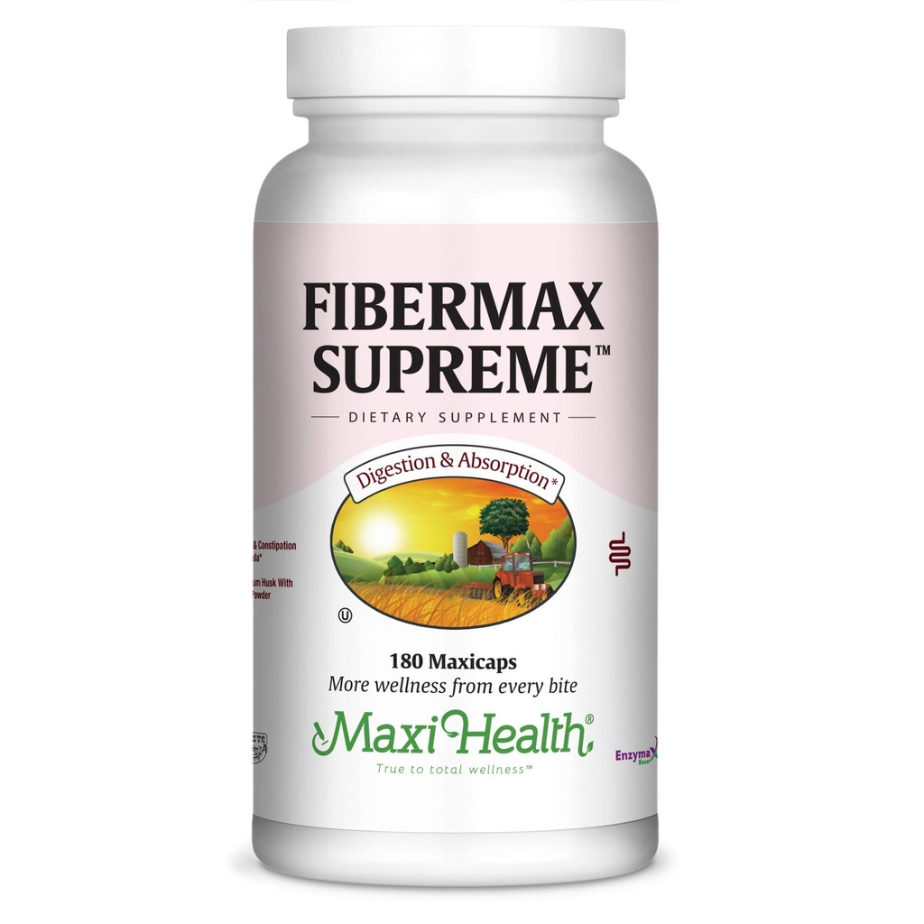 Maxi Health Fibermax Supreme – Fiber kapsulas Gentle Gremošanas un Gut atbalsts – Veģetārs Psyllium Husk kapsulas – Kosher Fiber papildinājums vīriešiem un sievietēm (180 grāfs)