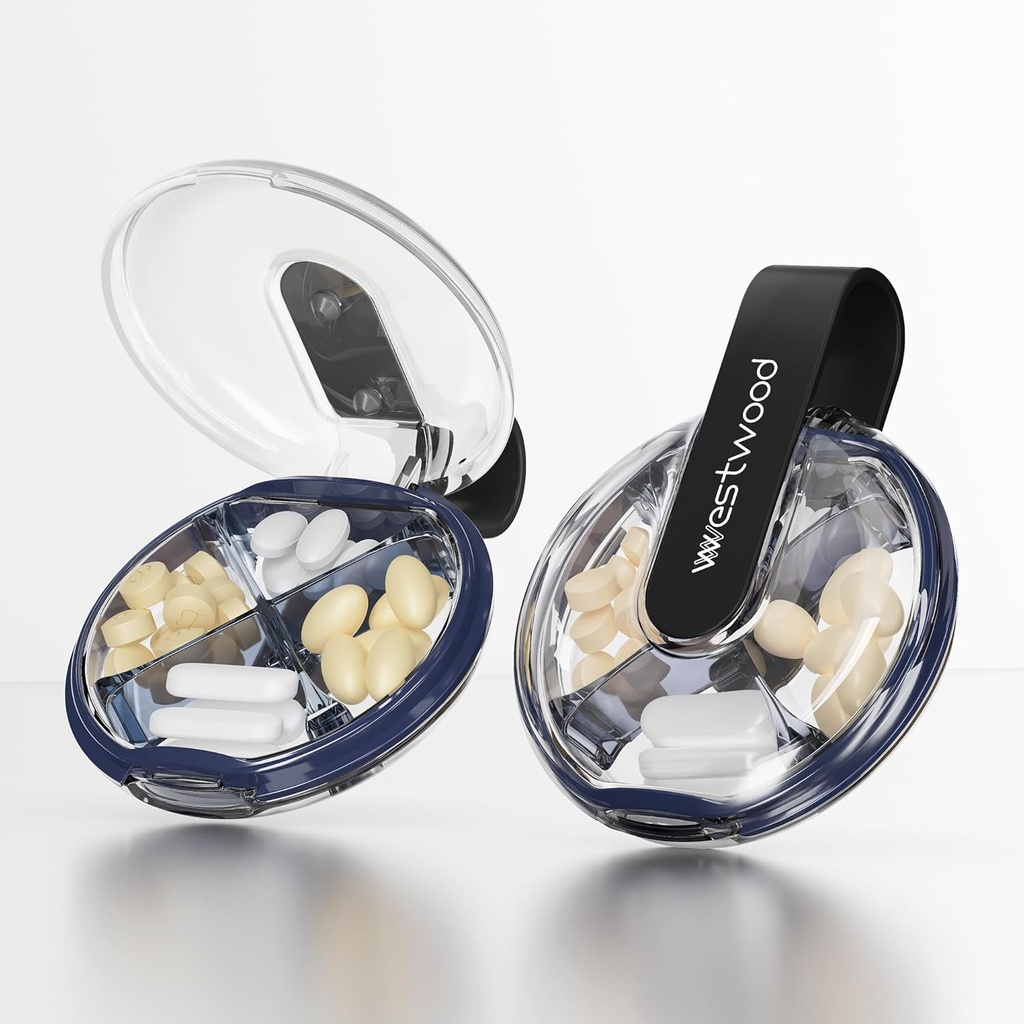 Small Pill Case, Cute Pill Box for Purse & Pocket, 4 iecirknis noņemamu Pill Holder, Portable Travel Pill Organizators vitamīniem, piedevas, zivju eļļas (melnā)
