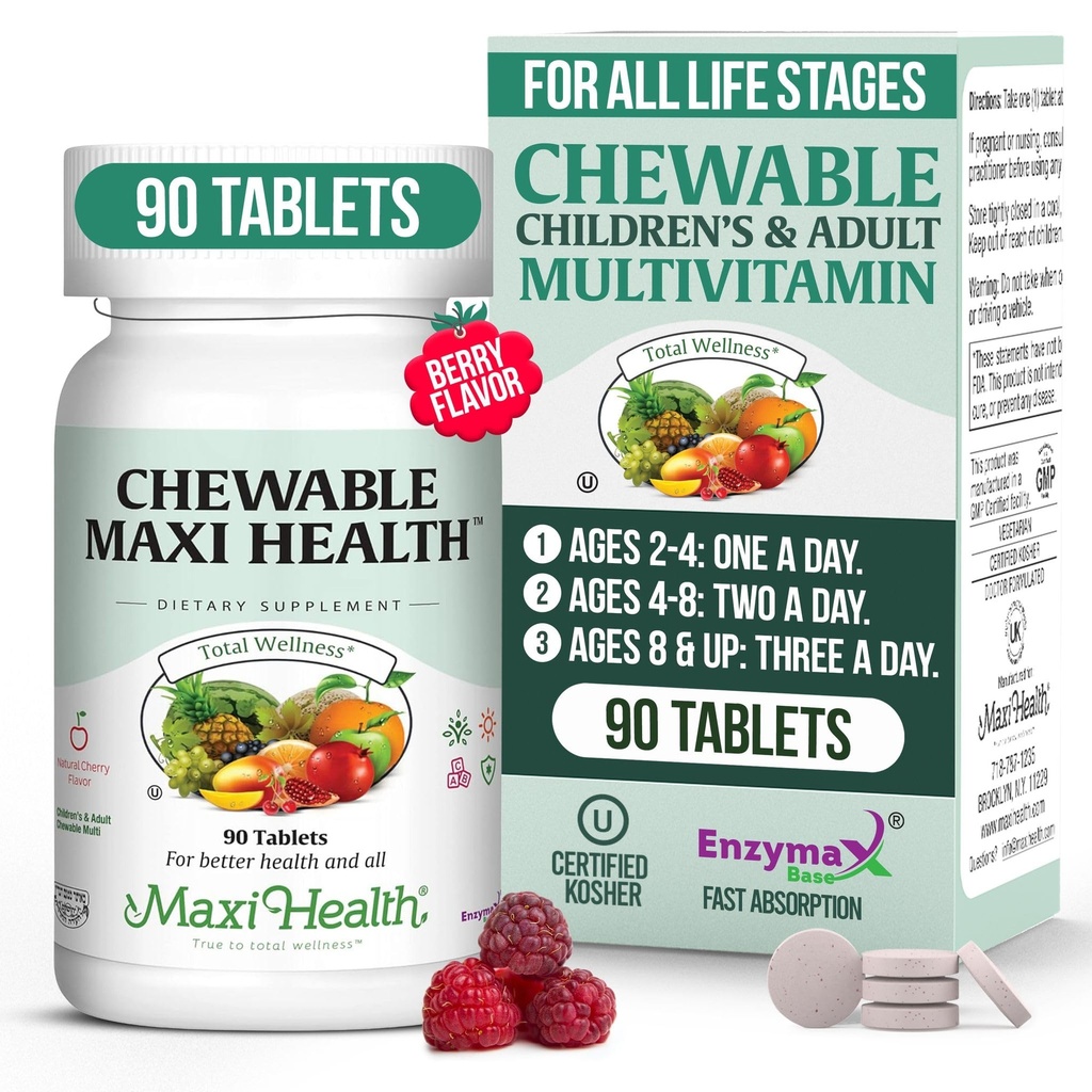Maxi Health Košļājamie multivitamīni bērniem, pusaudžiem un pieaugušajiem - Ķiršu košļājamie vitamīni pieaugušajiem un bērniem - Košera bērni Multivitamīni + dzelzs (90 tabletes)