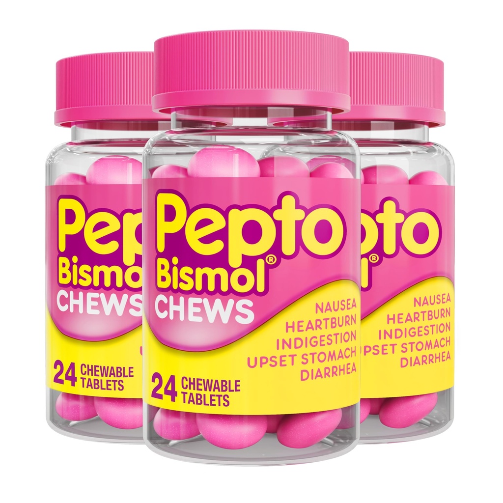 Pepto Bismol Chews, ātri un efektīvi Gremošanas atvieglojums no sliktas dūšas, grēmas, gremošanas traucējumi, atsāpināts kuņģis, caureja, 72 kopā (3 iepakojumi pa 24)