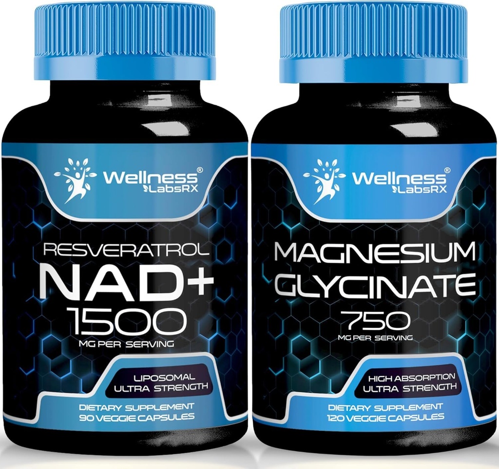 Magnija glicināta kapsulas - 750mg - Magnija Papildinājums Augsta Absorbcija Papildinājums - NAD, 1500mg - Liposomu NAD+ Papildinājums ar Resveratrol