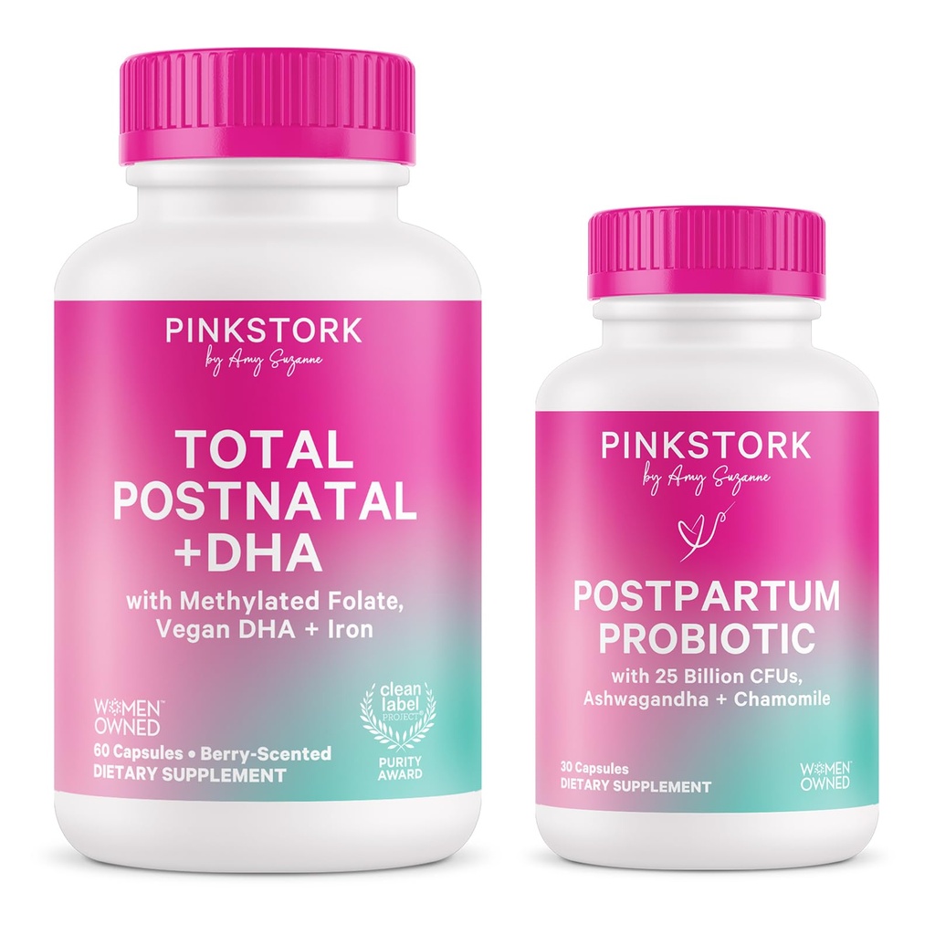 Pink Stārķis Postnatāli Multivitamīni + Probiotikas ar Vegan DHA, Ashwagandha, Dzelzs, Folāts, B12 - Atbalsta Hormonu balanss, pēcdzemdību atgūšana, Gut Health, & Digestion - iepakojumā 2
