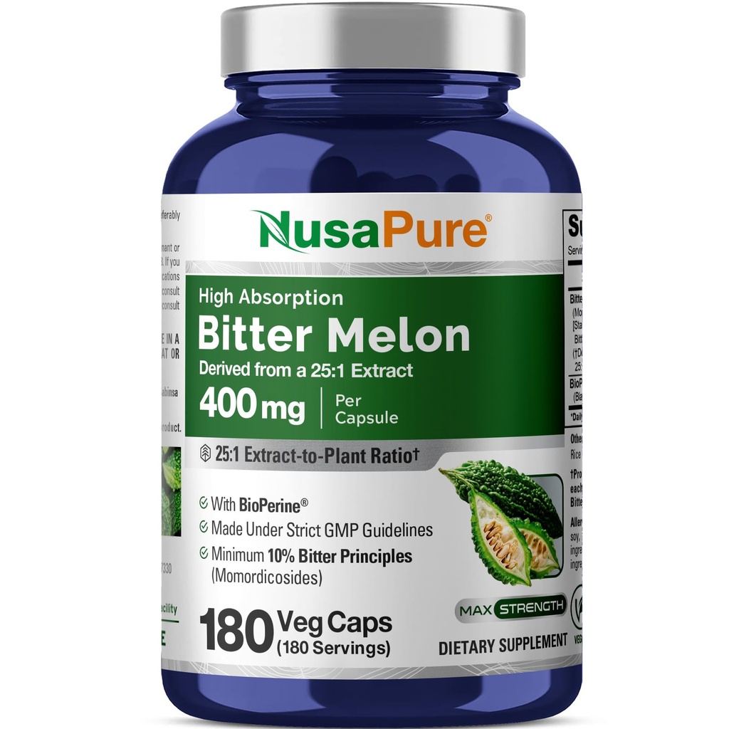 NusaPure Bitter Melon Extract 10 000 mg 180 Vegan Caps (100% Veģetārs, ne- GMO, bez lipekļa, 10% Bitter Principles) Bioperīns