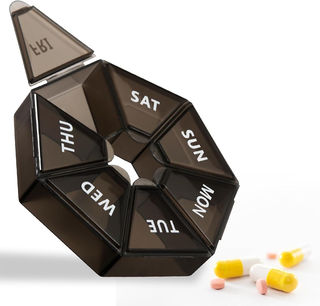 7-Day Weekly Large Pill organizētājs - Pill Box Travel - Dispenser zivju eļļa, papildinājumi, vitamīni, zāļu turētājs (Melns)