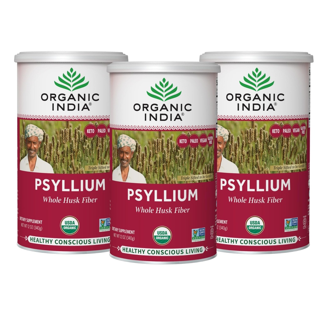 ORGANIC INDIA Psyllium augu valsts pulveris - Viss Husk Fiber papildinājums, Gremošanas atbalsts, Vegan, bez lipekļa, USDA Certified Organic, ne-GMO, šķīstošs un nešķīstošs Fiber Avots - 12 oz (3. iepakojuma)