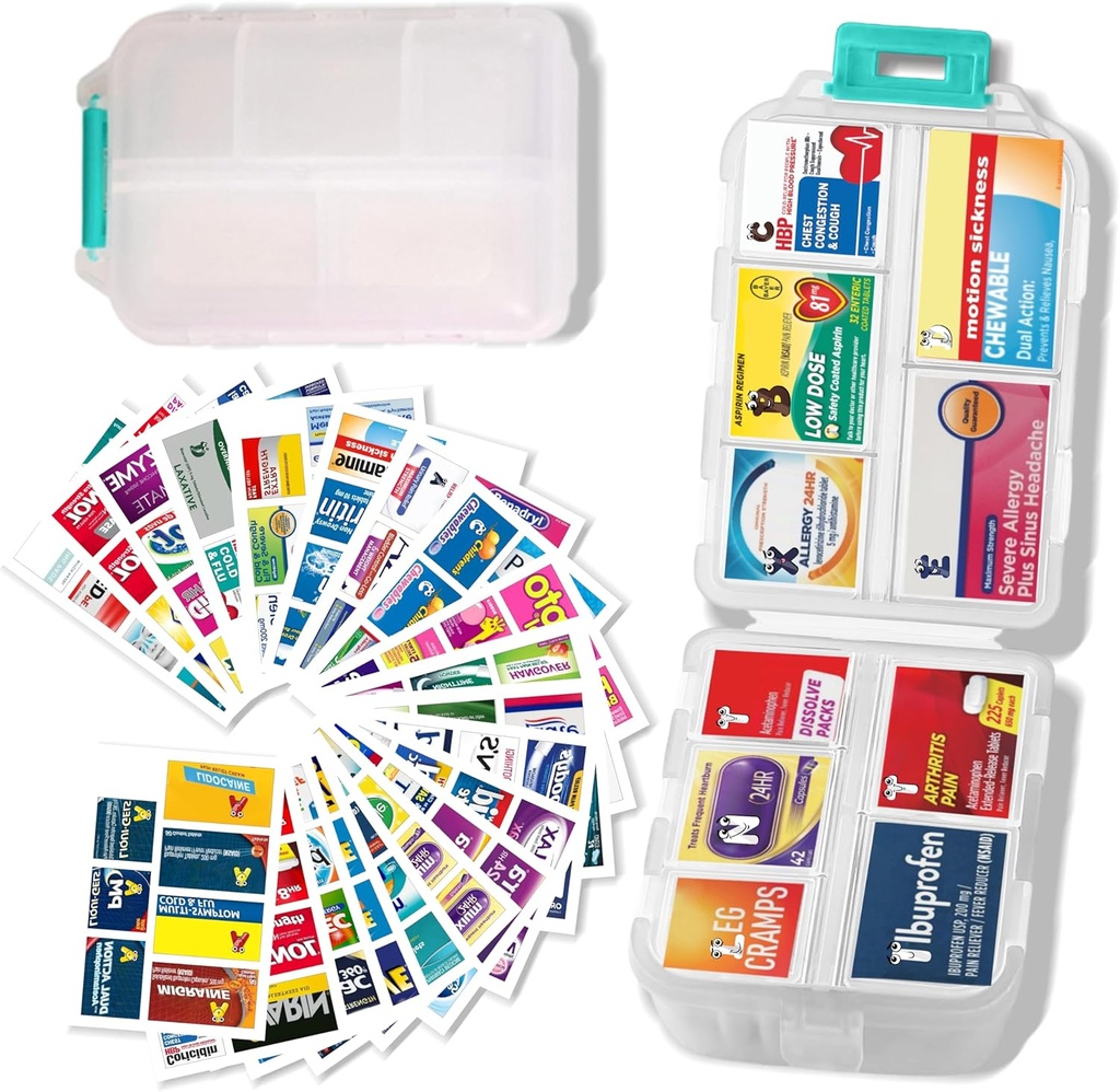 Lielas tabletes organizētājs ar medicīnas Etiķetes - 7 dienas Travel Daily Container, Mini Medikamentu uzglabāšanas iepakojums (White, 161 Etiķetes)