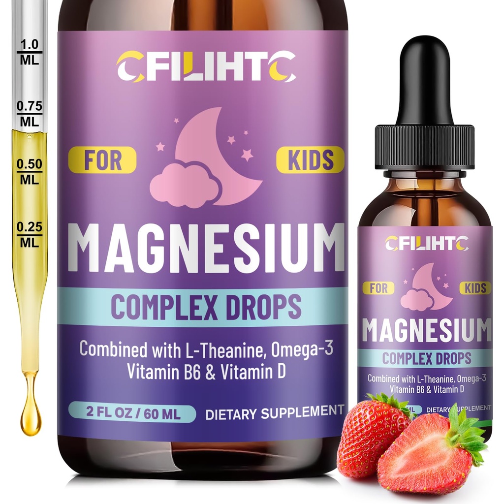 Magnija šķidrie pilieni-magnijs Glicinēt šķidrumu bērniem papildinājums-w/L-teanīns, omega-3, vitamīns B6, D3 - miegam, relaksācijai, smadzenēm, kauliem - 2 Fl Oz Bērnu kalm, zemeņu Flavor