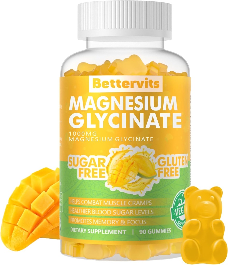 90 CT Magnija Glycinate Gumies 1000mg - bez cukura Magnija Kālija Papildinājums ar vitamīnu D, B6, CoQ10 Calm Mood & Miega atbalsts - 90 Mango Ananasu Gumijas