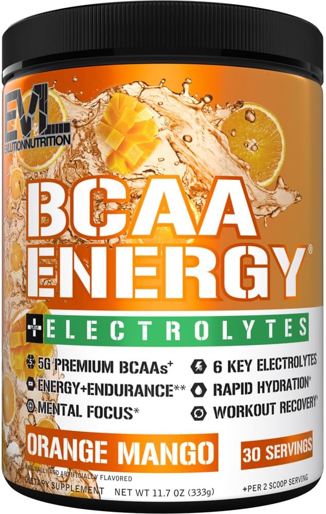 EVL BCAAs Aminoskābju pulveris - BCAA Energy pirms Workout Pulveris muskuļu atgūšanai Lean izaugsmi un izturību - Rehidratizē pēc Workout atgūšana Dzēriens ar 6 Key Electrolytes - Orange Mango