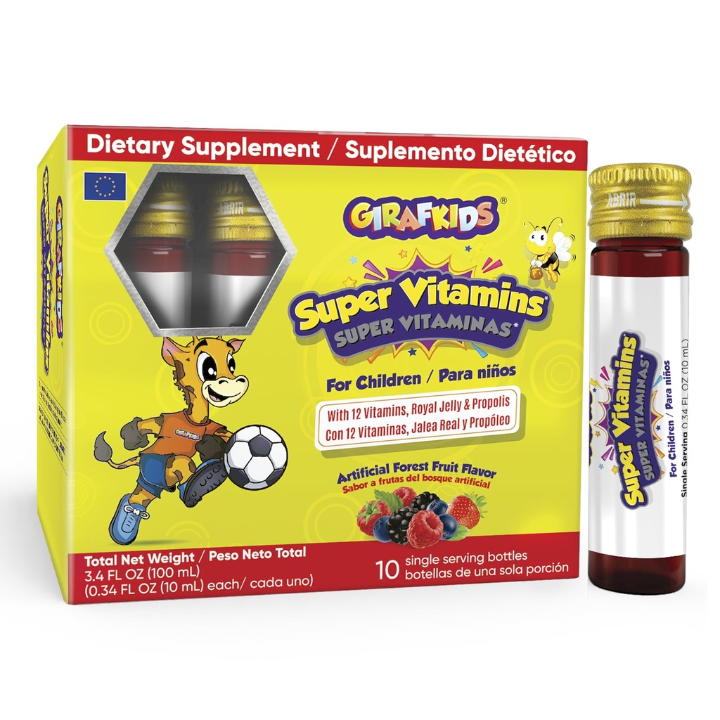 GirafKids Super Vitamīni bērniem Ages 4+ 10 Pasniedz Pudeles Šķidrie Multivitamīni Imūnās Atbalstam & Enerģijai