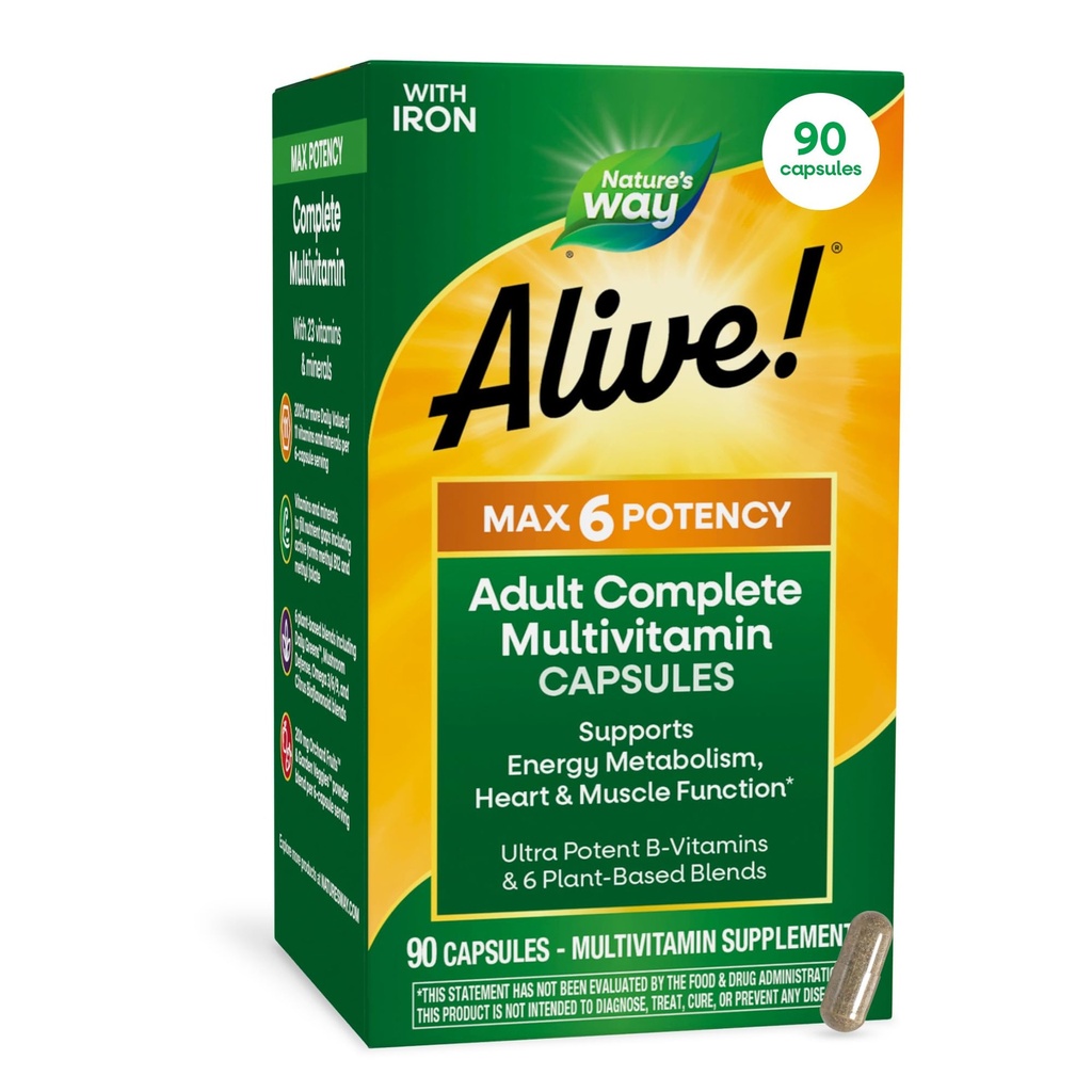 Dabas ceļš dzīvs! Maks.6 Iedarbība Pieaugušajiem Pabeigts multivitamīns, ar dzelzi, A, C, E un B vitamīnu, tostarp metilētu B12 un folātu, Atbalsta Enerģijas Metabolismu*, 90 Kapsulas (iepakojums May Varary)