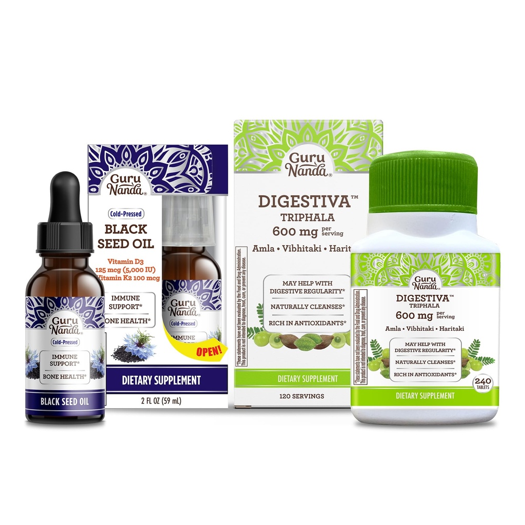 GuruNanda melnā sēklu eļļa, aukstā presēta Nigella Sativa - bagāta ar vitamīnu D3 5000 vienības & Digestiva Triphala (240 tabletes), atbalsta Gremošana, palīdz ar uzpūšanu