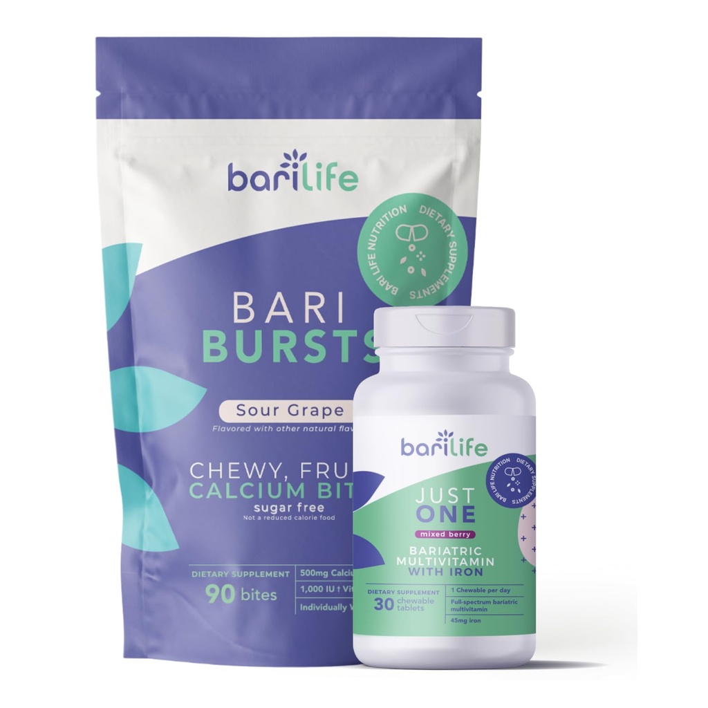 Bari Life Just One Chewable: vienreiz dienā Bariatric Multivitamīnu + dzelzs un un BariBurst kalcija citrāts Soft Košļājamās Košļājamās Košļājamās gāzes, kuņģa piedurknes un Duodenāls slēdzis (Ātras vīnogas)
