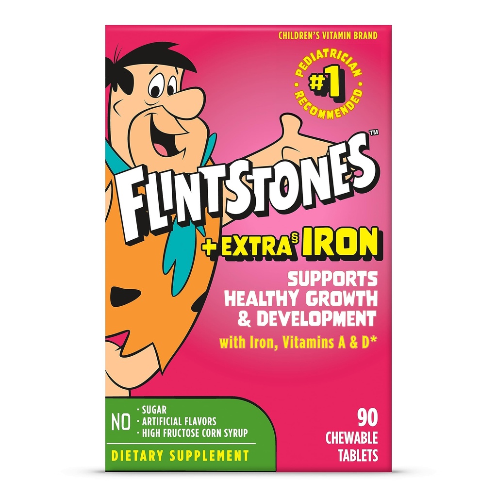 Flintstones Košļājami Kids Multivitamīni ar C, D, B12 un Dzelzs Toddlers, 90 Skaits