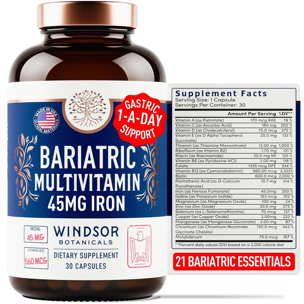 Bariatriskie multivitamīni ar dzelzi - 45 mg Dzelzs Viegli norīt, Viena diena Bariatriskie vitamīni sievietēm un vīriešiem - Kuņģa apiets, kuņģa piedurknes atjaunošanās Vitamīni Multivitamīni - 30 kapsulas