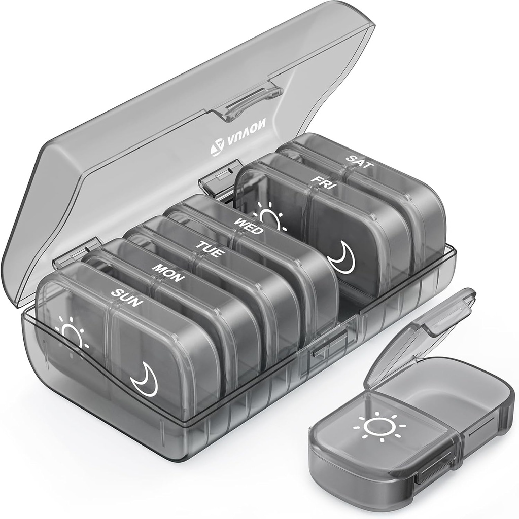 AUVON XL Weekly Pill organizators 2 reizes dienā, Pill Box 7 diena ar vienas puses lielu atveres viegli izmantot, Gray AM PM Pill kaste medikamentiem, vitamīniem, zivju eļļas, papildinājumi