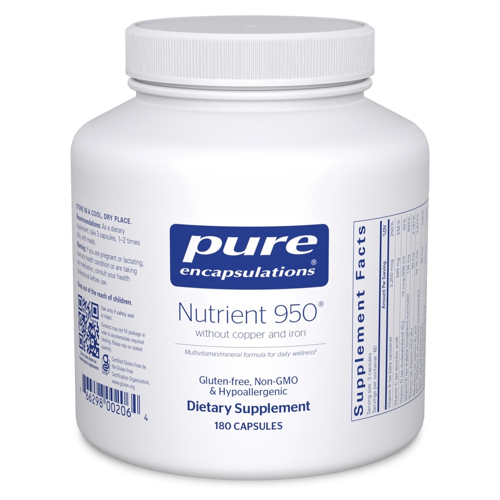Pure Encapsulations Uzturviela 950 bez vara un dzelzs; hipoalerģiska multivitamīna/minerāla formula optimālai veselībai; 180 kapsulas.