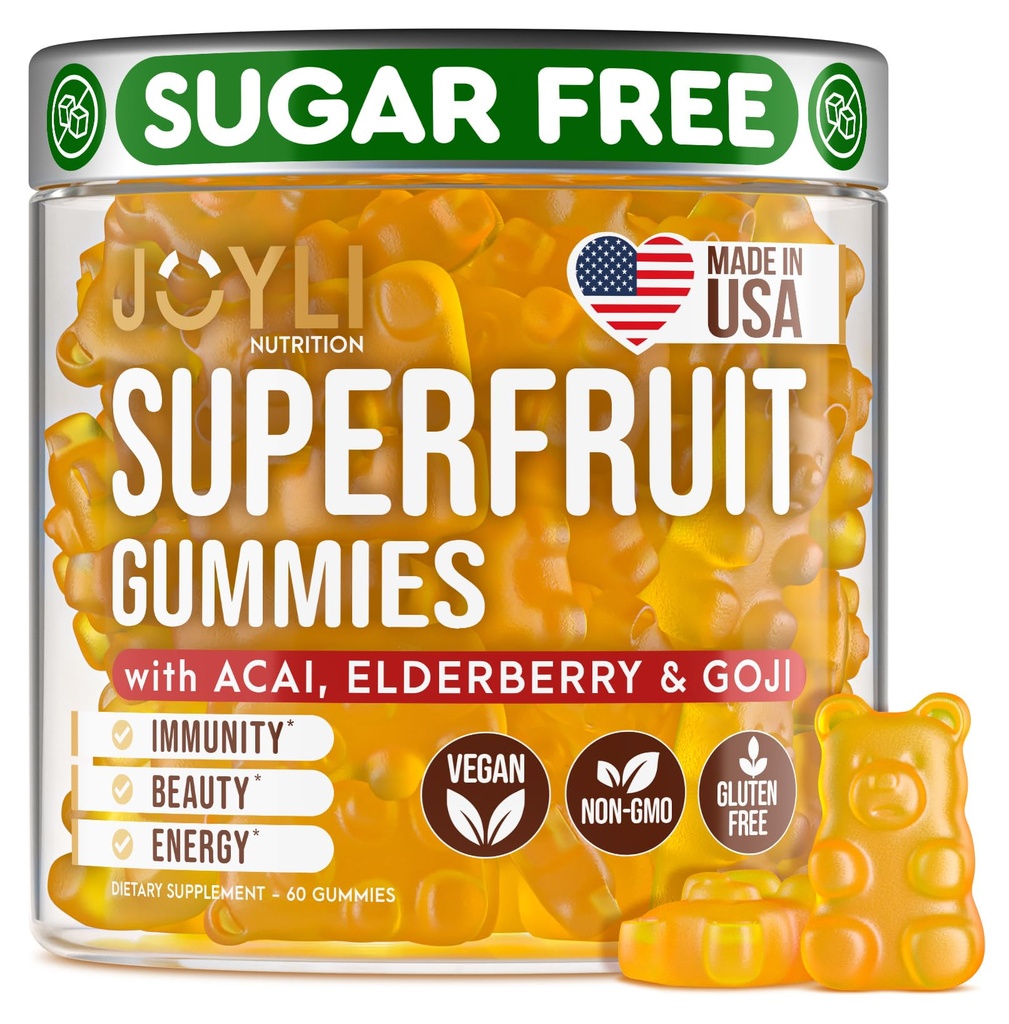 Joyli superfruit Gumijas - bezcukura augļu multivitamīnu Gumijas pieaugušajiem - Dabiskie gumijas vitamīni sievietēm un vīriešiem ar godži, plūškoka ogas, vitamīni A, C, D & E - Atbalsta Immunity, Digestion & Energy